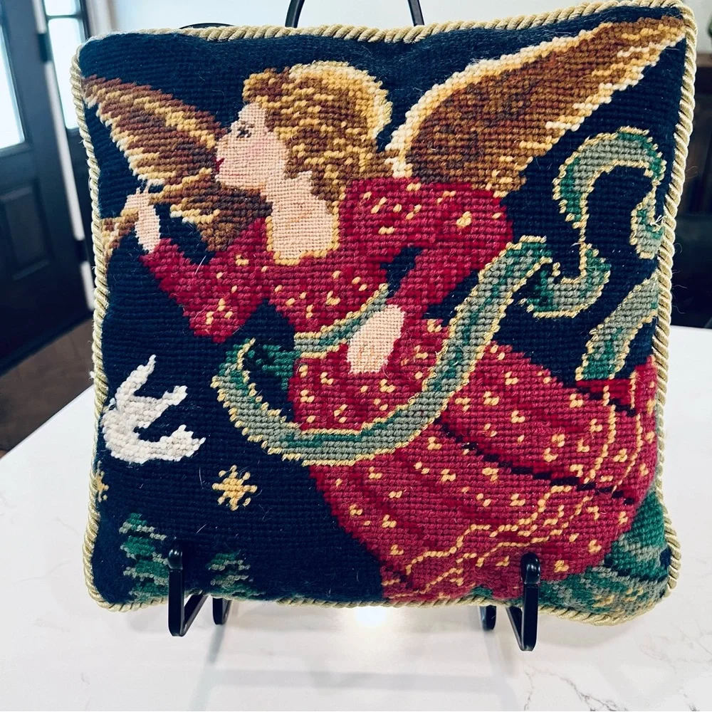 Needlepoint Christmas Holiday Throw Pillow Angel 10” Square Small Red